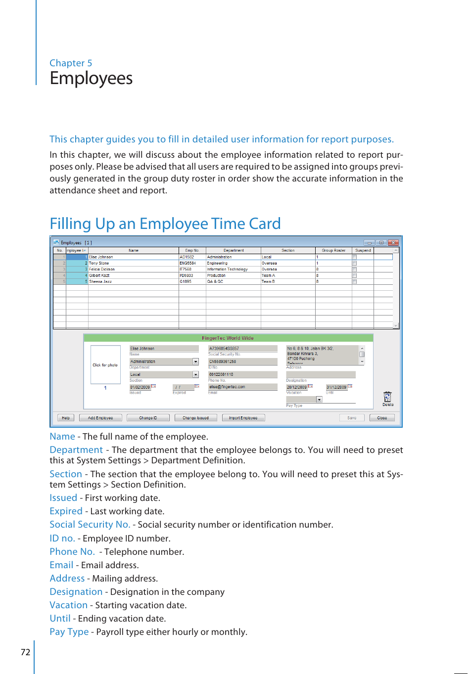 Employees, Filling up an employee time card | FingerTec TCMS V2 User Manual | Page 72 / 97