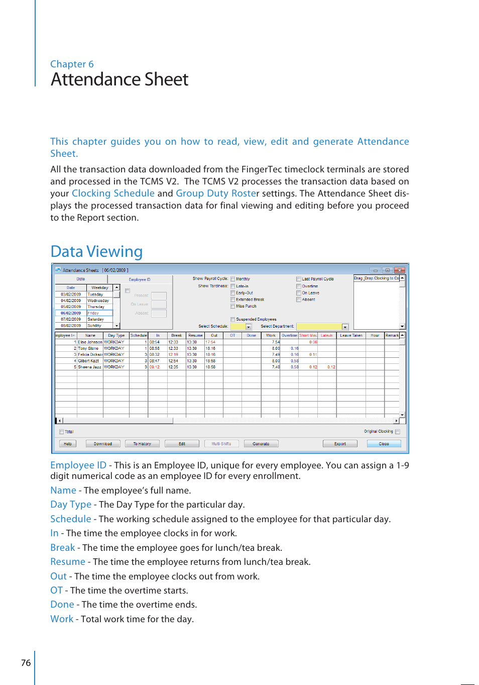 Attendance sheet, Data viewing | FingerTec TCMS V2 User Manual | Page 76 / 97
