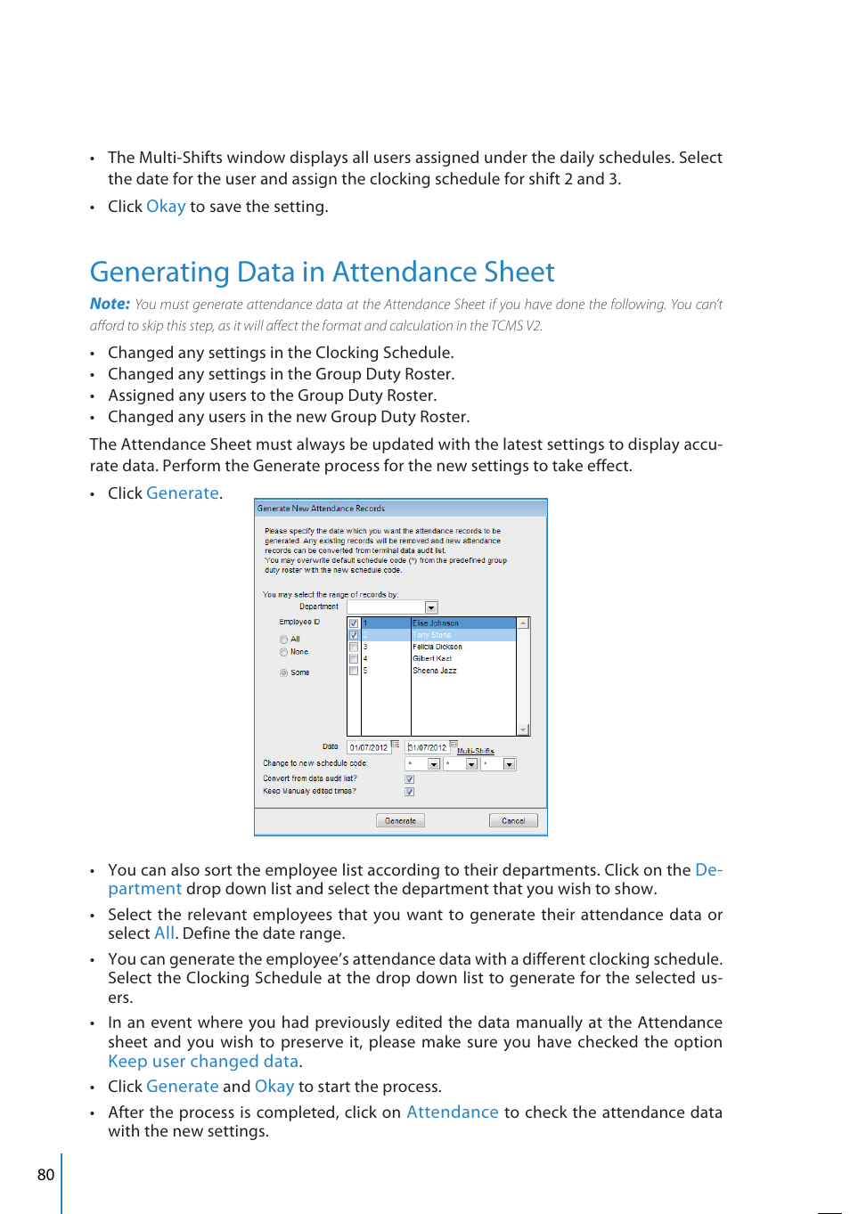 Generating data in attendance sheet | FingerTec TCMS V2 User Manual | Page 80 / 97