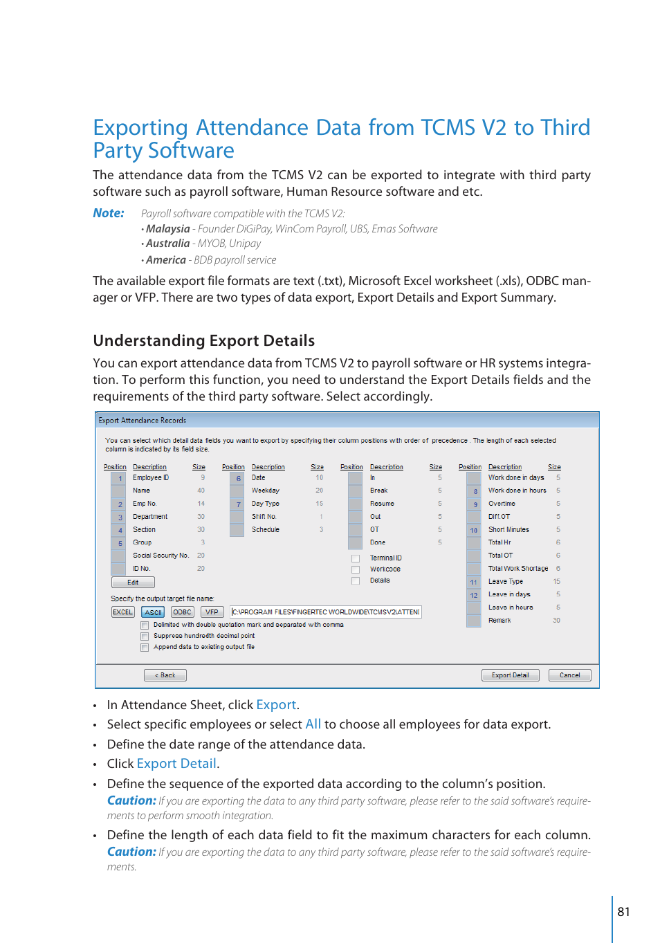 Understanding export details | FingerTec TCMS V2 User Manual | Page 81 / 97
