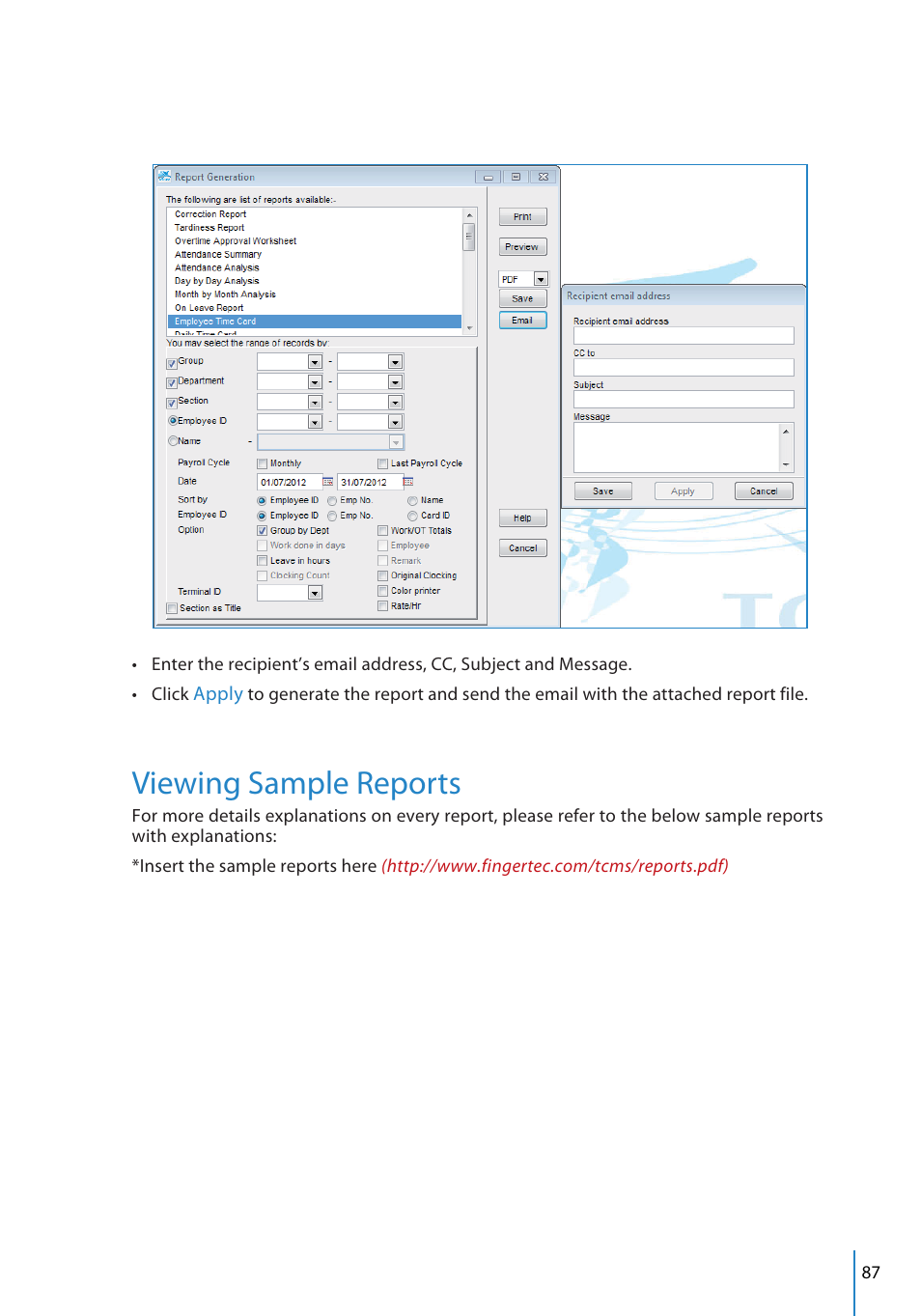 Viewing sample reports | FingerTec TCMS V2 User Manual | Page 87 / 97