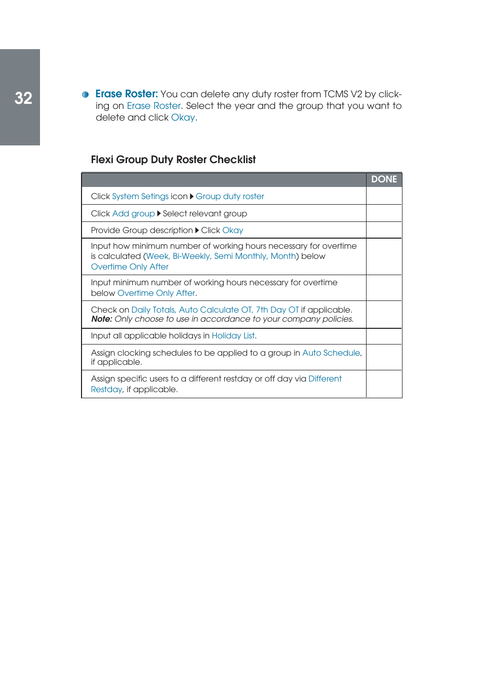 Erase roster, Flexi group duty roster checklist | FingerTec TCMS V2 (Abridged Vesion) User Manual | Page 31 / 46