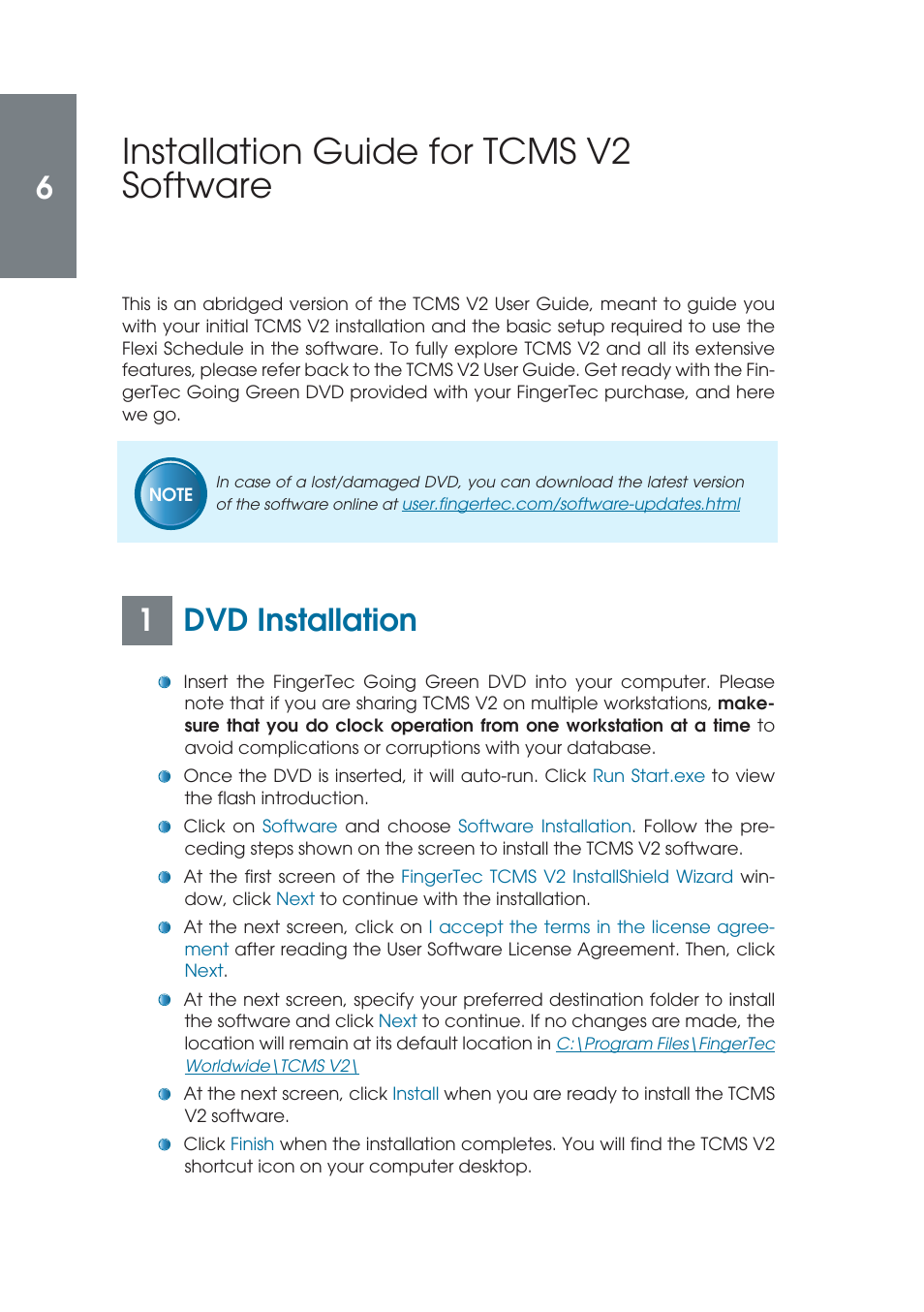 Installation guide for tcms v2 software, 1 dvd installation | FingerTec TCMS V2 (Abridged Vesion) User Manual | Page 5 / 46
