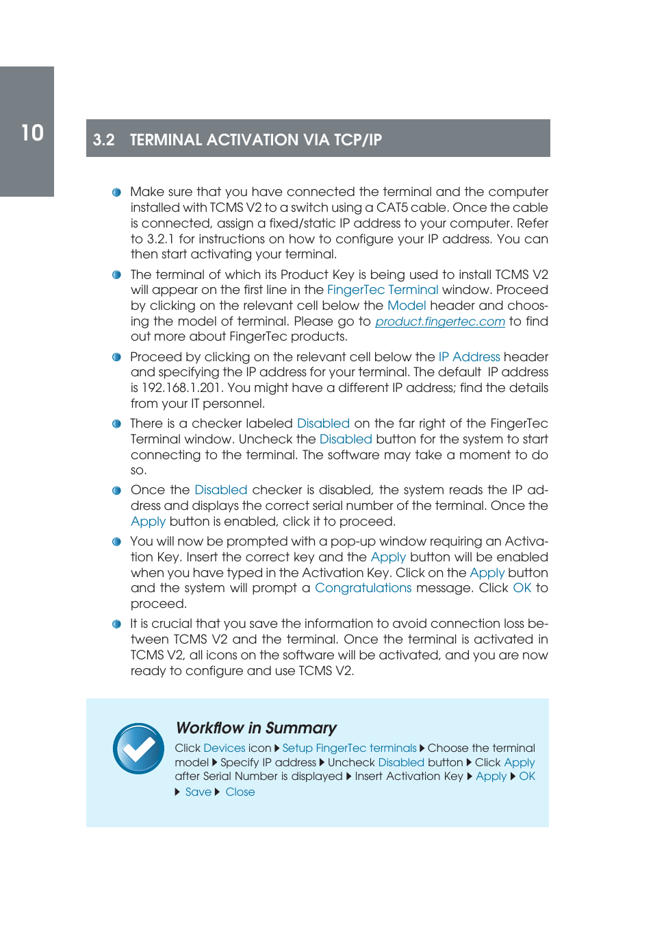 2 terminal activation via tcp/ip, Workfl ow in summary | FingerTec TCMS V2 (Abridged Vesion) User Manual | Page 9 / 46