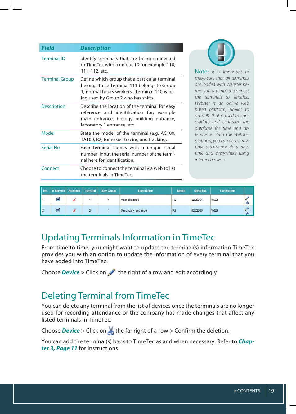 Updating terminals information in timetec, Deleting terminal from timetec | FingerTec TimeTec Web User Manual | Page 19 / 68