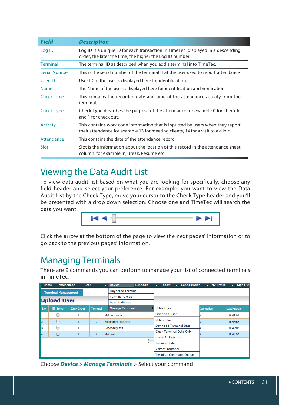 Viewing the data audit list, Managing terminals | FingerTec TimeTec Web User Manual | Page 21 / 68