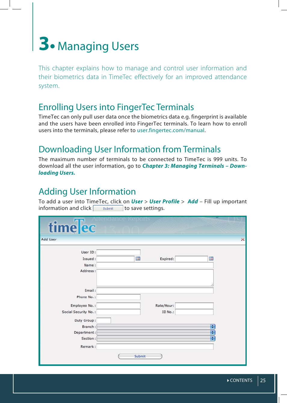 3 • managing users, Setting, Privileges | Adding user names, Creating, Password, Inserting card number, Selecting, Terminals, Erasing user identities | FingerTec TimeTec Web User Manual | Page 25 / 68