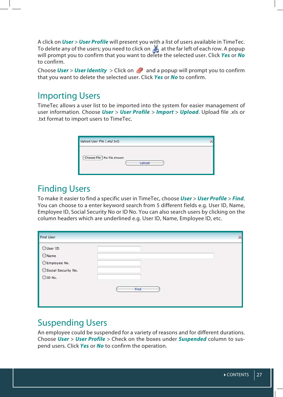 Importing users, Finding users, Suspending users | FingerTec TimeTec Web User Manual | Page 27 / 68