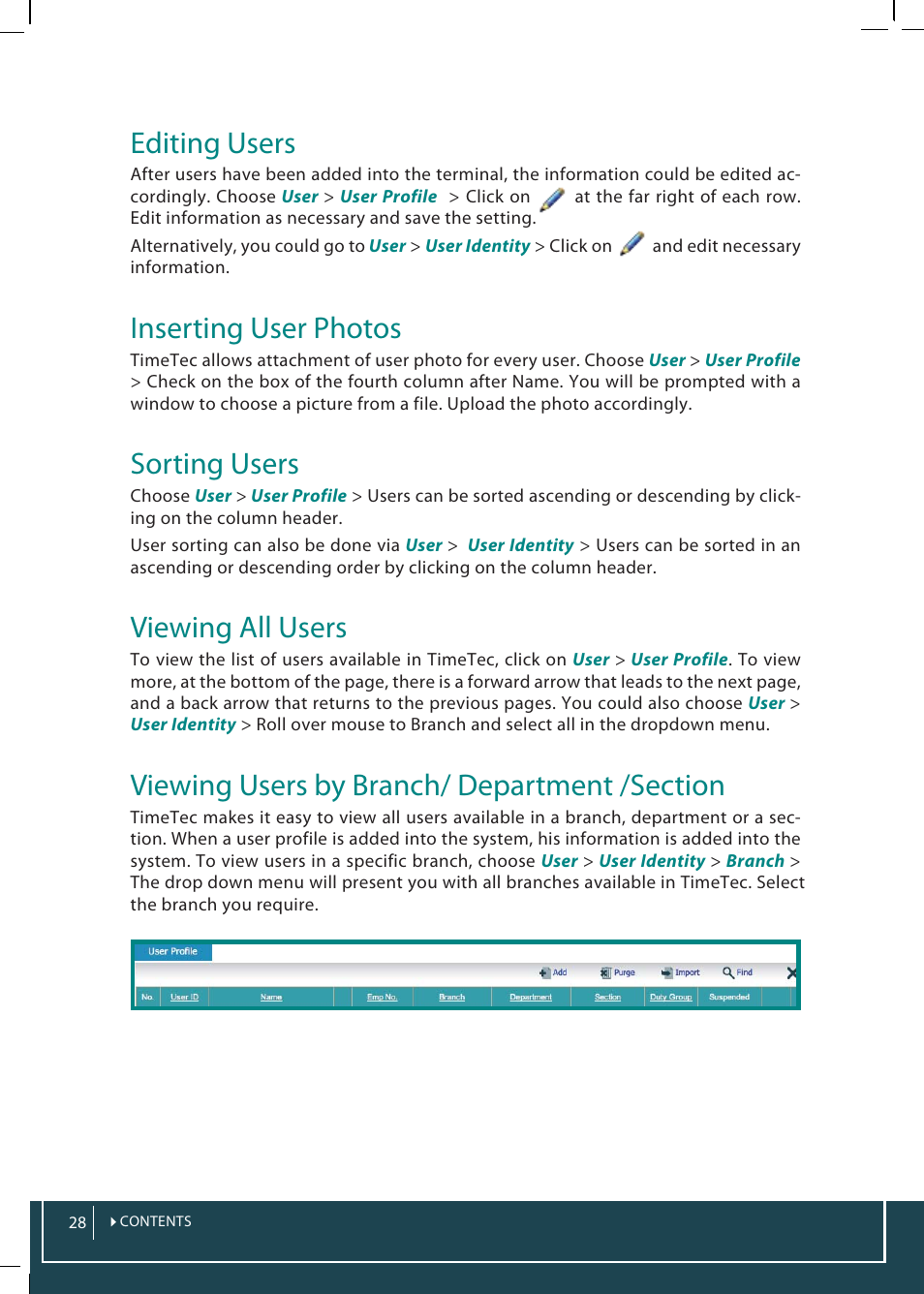 Editing users, Inserting user photos, Sorting users | Viewing all users | FingerTec TimeTec Web User Manual | Page 28 / 68