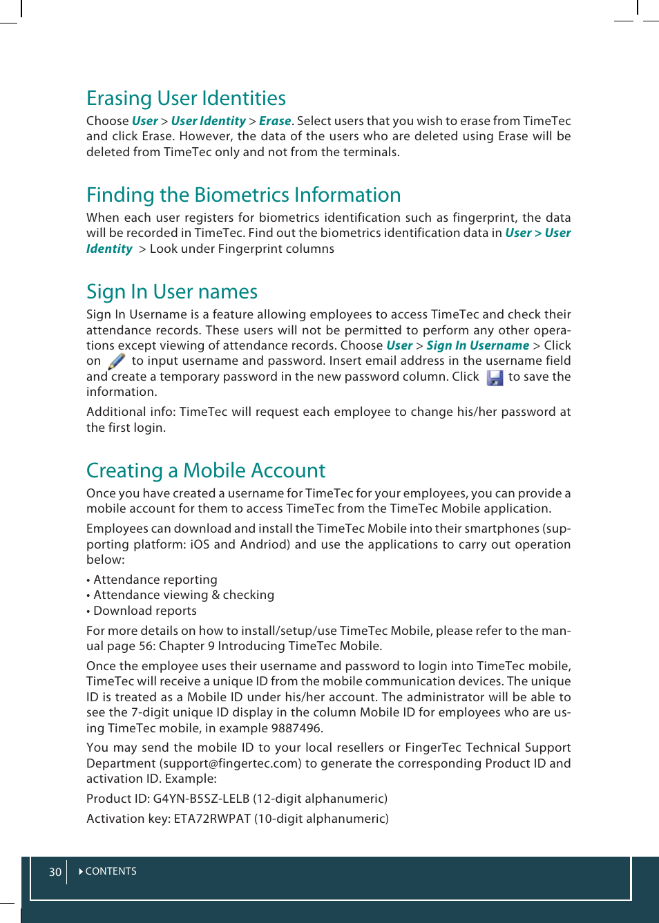 Erasing user identities, Finding the biometrics information, Sign in user names | Creating a mobile account | FingerTec TimeTec Web User Manual | Page 30 / 68