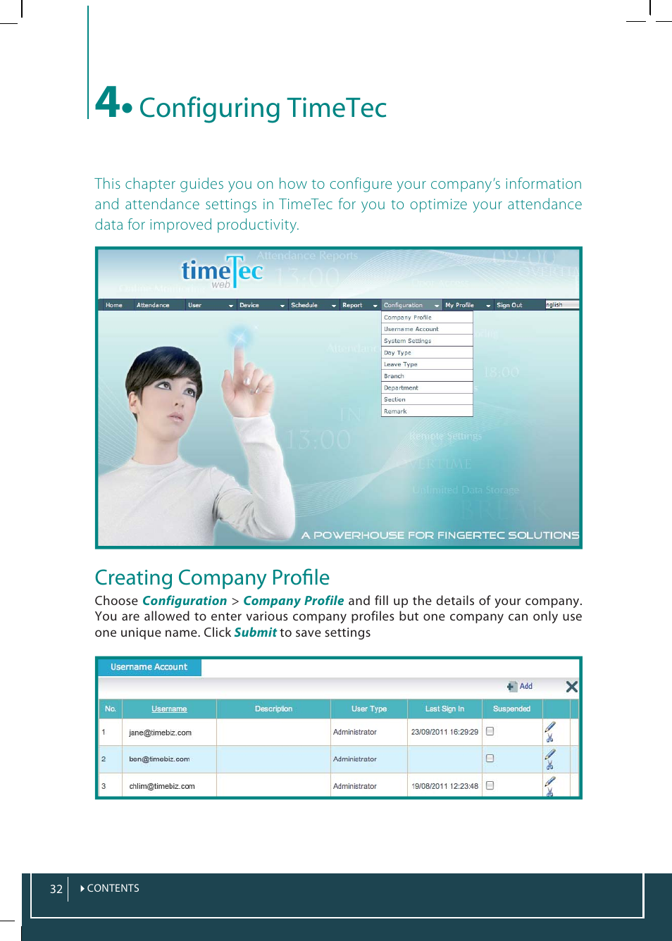 4 • configuring timetec, Creating company profile, Creating a username account | Editing a username account, Changing sign in password of username account, Deleting username account, Suspending a username account, Setting up system settings, Configuring day type, Editing default day type | FingerTec TimeTec Web User Manual | Page 32 / 68