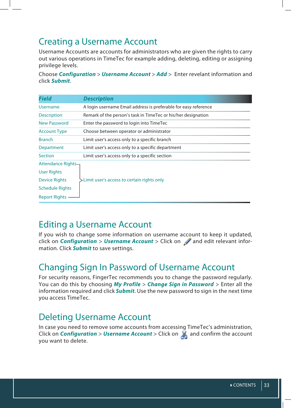 Creating a username account, Editing a username account, Changing sign in password of username account | Deleting username account | FingerTec TimeTec Web User Manual | Page 33 / 68