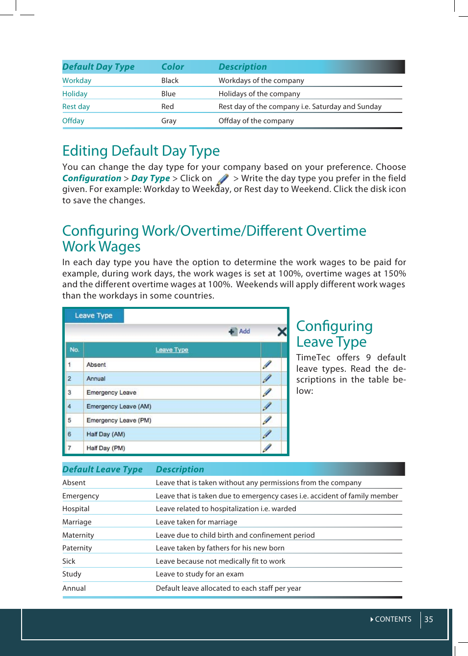 Editing default day type, Confi guring leave type | FingerTec TimeTec Web User Manual | Page 35 / 68