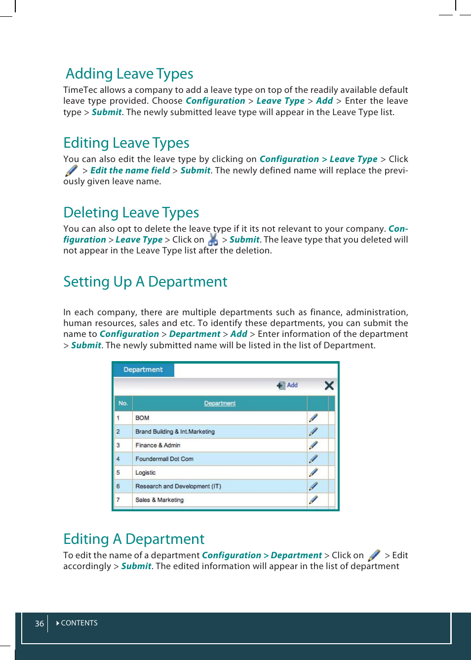 Adding leave types, Editing leave types, Deleting leave types | Setting up a department, Editing a department | FingerTec TimeTec Web User Manual | Page 36 / 68