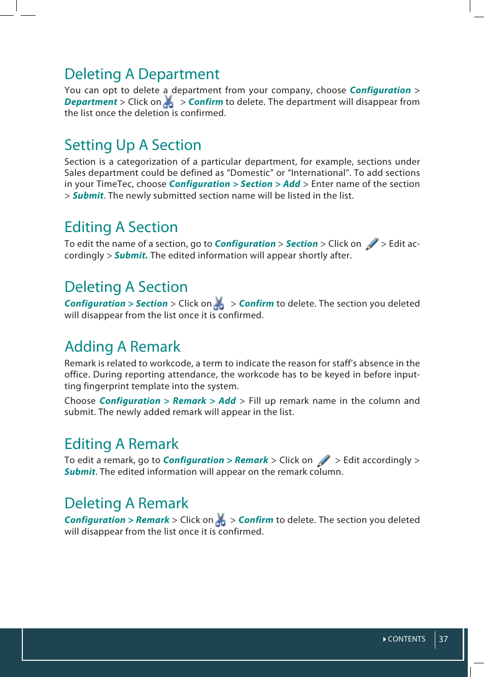 Deleting a department, Adding a remark, Editing a remark | Deleting a remark | FingerTec TimeTec Web User Manual | Page 37 / 68