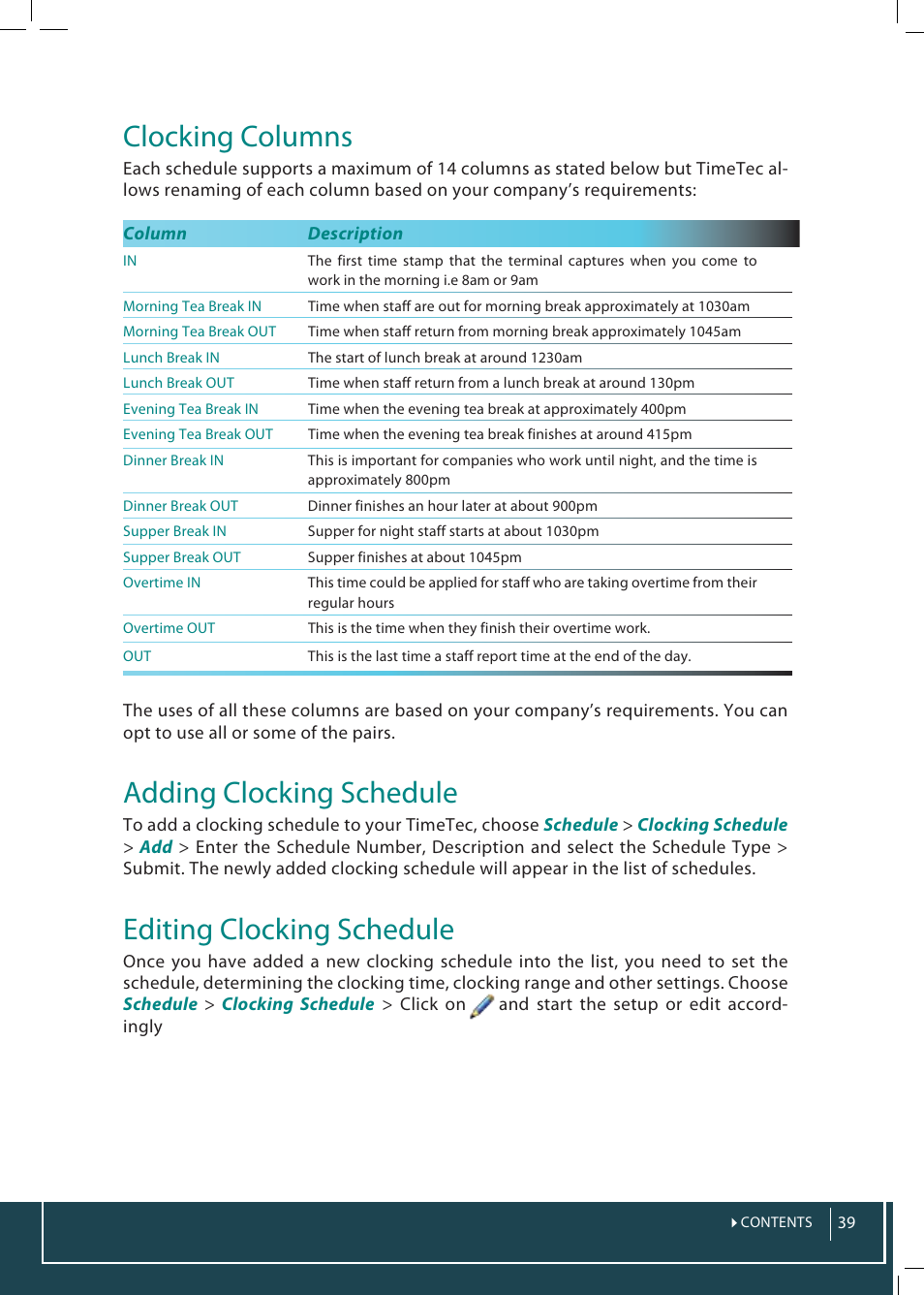 Clocking columns, Adding clocking schedule, Editing clocking schedule | FingerTec TimeTec Web User Manual | Page 39 / 68
