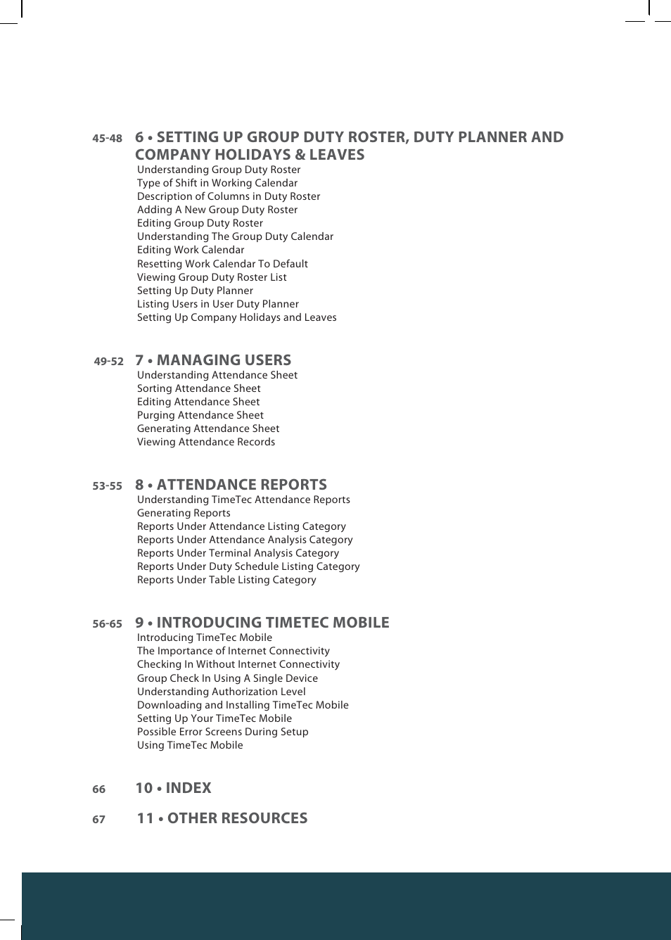 7 • managing users, 8 • attendance reports, 9 • introducing timetec mobile | 10 • index, 11 • other resources | FingerTec TimeTec Web User Manual | Page 4 / 68