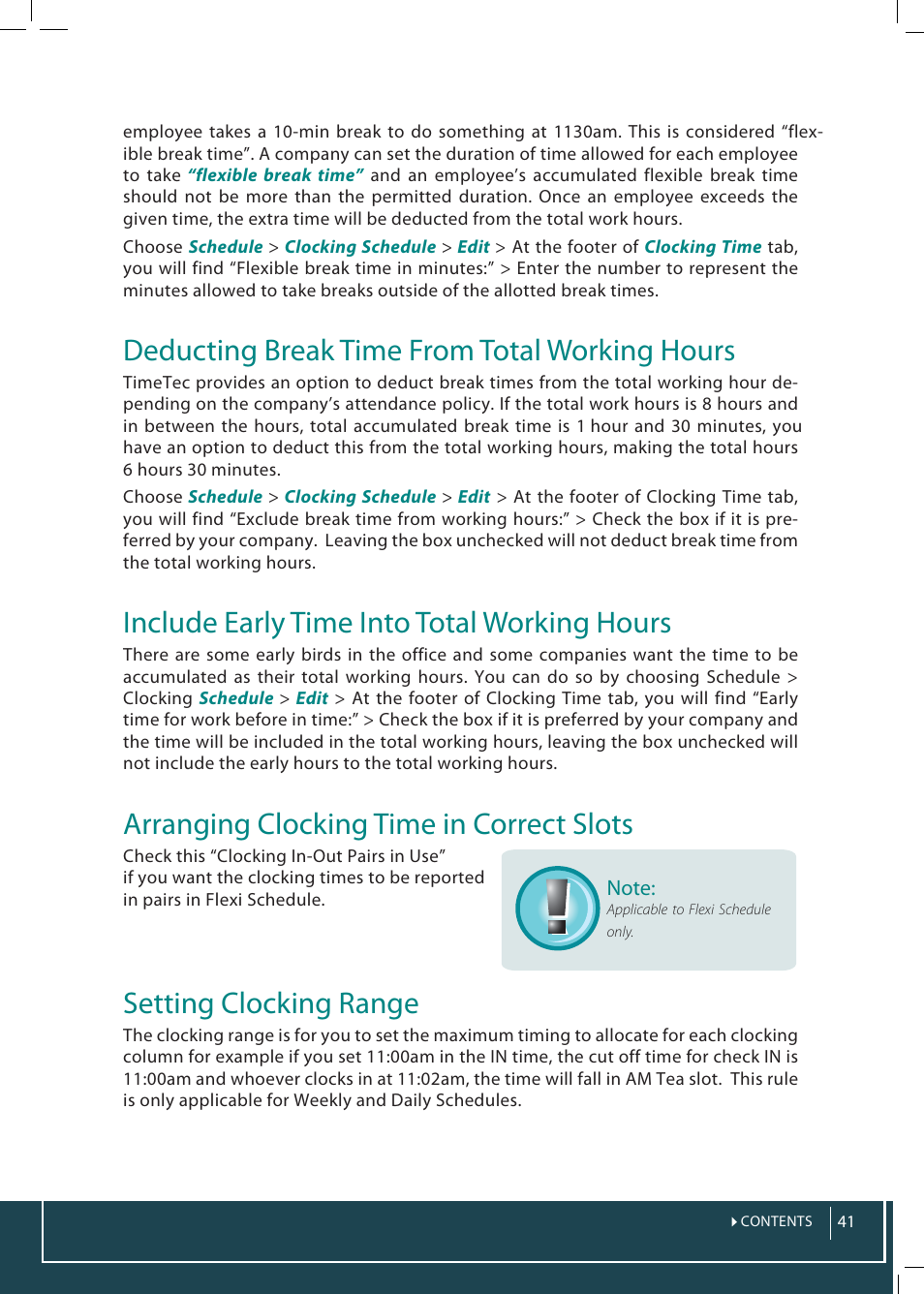 Deducting break time from total working hours, Include early time into total working hours, Arranging clocking time in correct slots | Setting clocking range | FingerTec TimeTec Web User Manual | Page 41 / 68