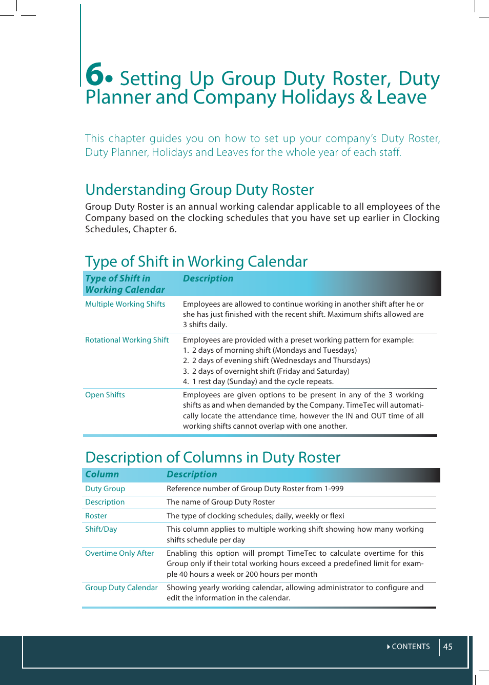 6 • setting up group duty roster, duty planner and, Company holidays & leaves, Understanding group duty roster | Type of shift in working calendar, Description of columns in duty roster | FingerTec TimeTec Web User Manual | Page 45 / 68