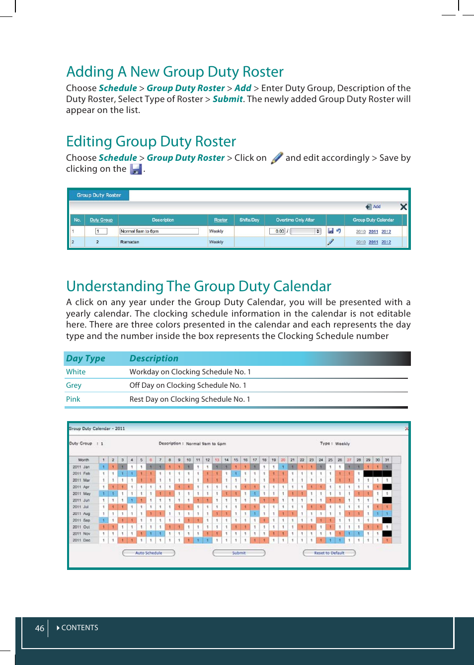 Adding a new group duty roster, Editing group duty roster, Understanding the group duty calendar | FingerTec TimeTec Web User Manual | Page 46 / 68