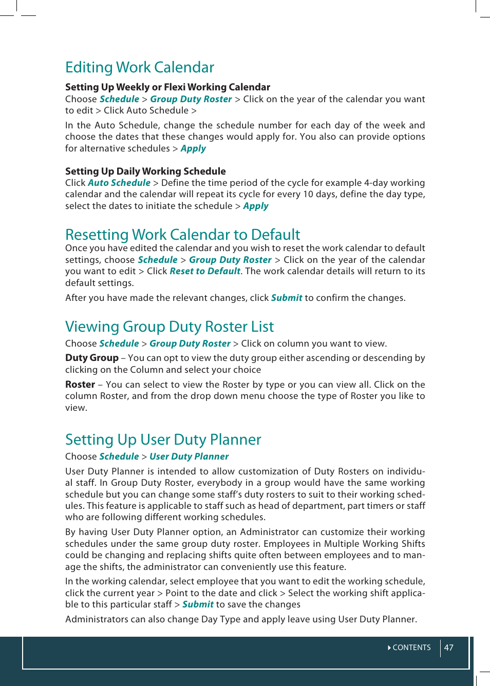 Editing work calendar, Resetting work calendar to default, Viewing group duty roster list | Setting up user duty planner | FingerTec TimeTec Web User Manual | Page 47 / 68