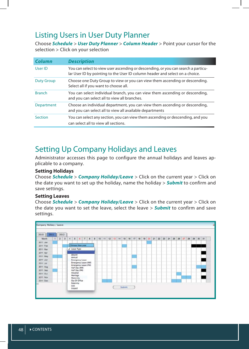 Listing users in user duty planner, Setting up company holidays and leaves | FingerTec TimeTec Web User Manual | Page 48 / 68