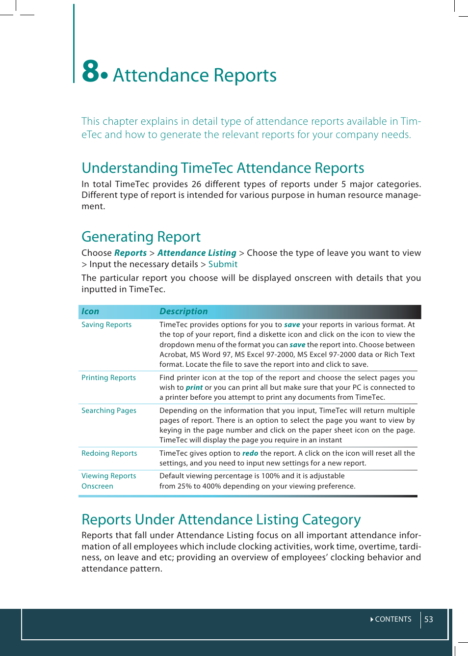 8 • attendance reports, Attendance reports, Understanding timetec attendance reports | Generating report, Reports under attendance listing category | FingerTec TimeTec Web User Manual | Page 53 / 68