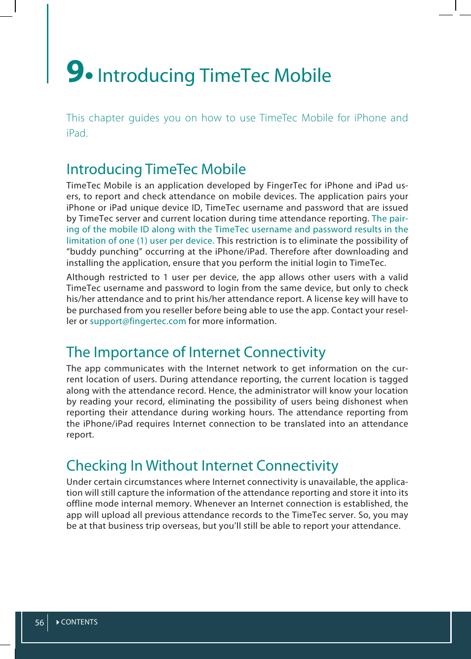 9 • introducing timetec mobile, Introducing timetec mobile, The importance of internet connectivity | Checking in without internet connectivity | FingerTec TimeTec Web User Manual | Page 56 / 68