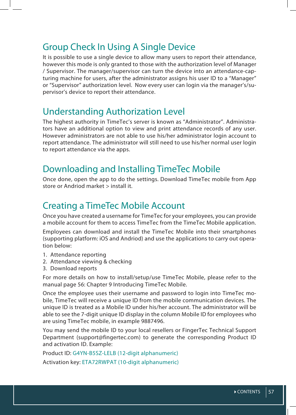 Group check in using a single device, Understanding authorization level, Downloading and installing timetec mobile | Creating a timetec mobile account | FingerTec TimeTec Web User Manual | Page 57 / 68