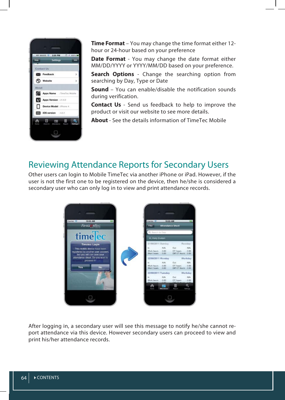Reviewing attendance reports for secondary users | FingerTec TimeTec Web User Manual | Page 64 / 68