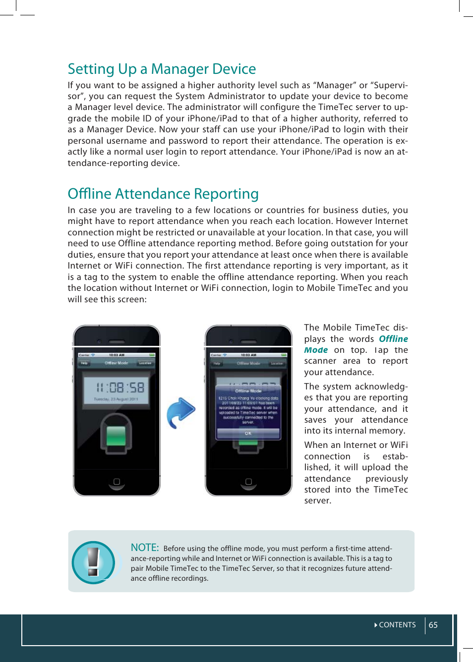 Setting up a manager device, Offl ine attendance reporting | FingerTec TimeTec Web User Manual | Page 65 / 68
