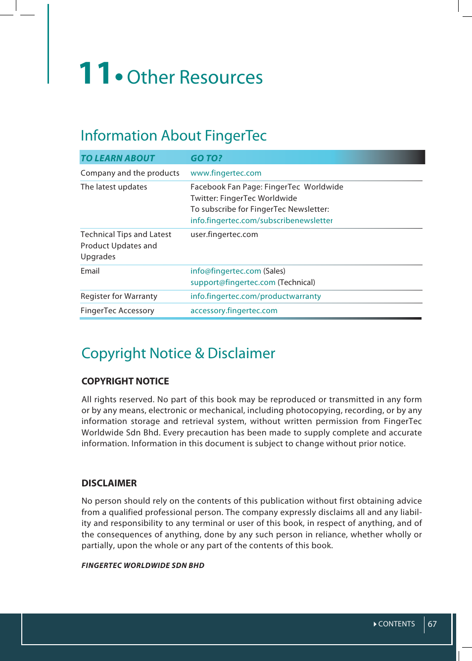 11 • other resources, Other resources, Information about fingertec | Copyright notice & disclaimer | FingerTec TimeTec Web User Manual | Page 67 / 68
