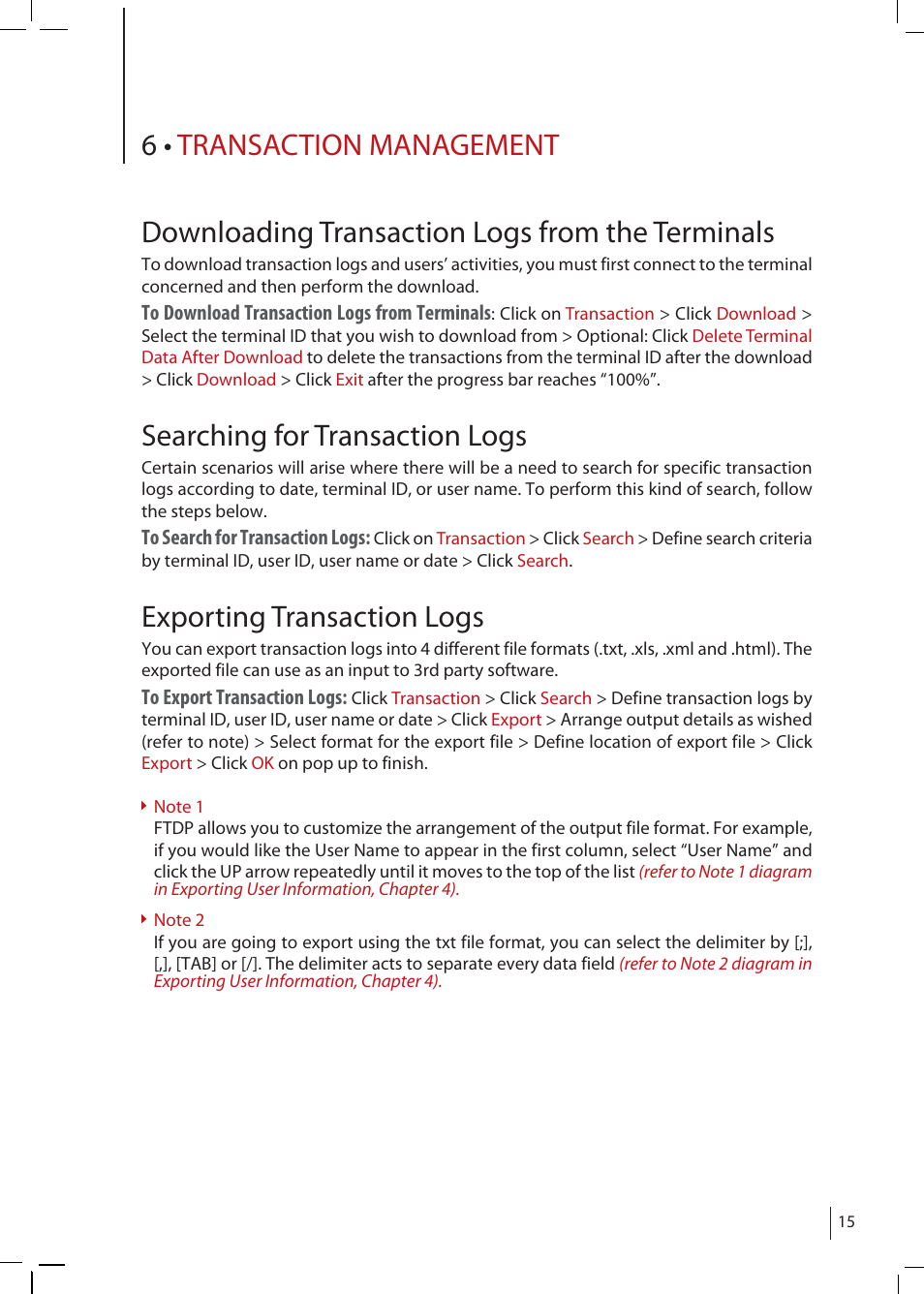 Chapter 6 • transaction management, Downloading transaction logs from the terminals, Searching for transaction logs | Exporting transaction logs | FingerTec FTDP (FingerTec Data Processor) User Manual | Page 14 / 18