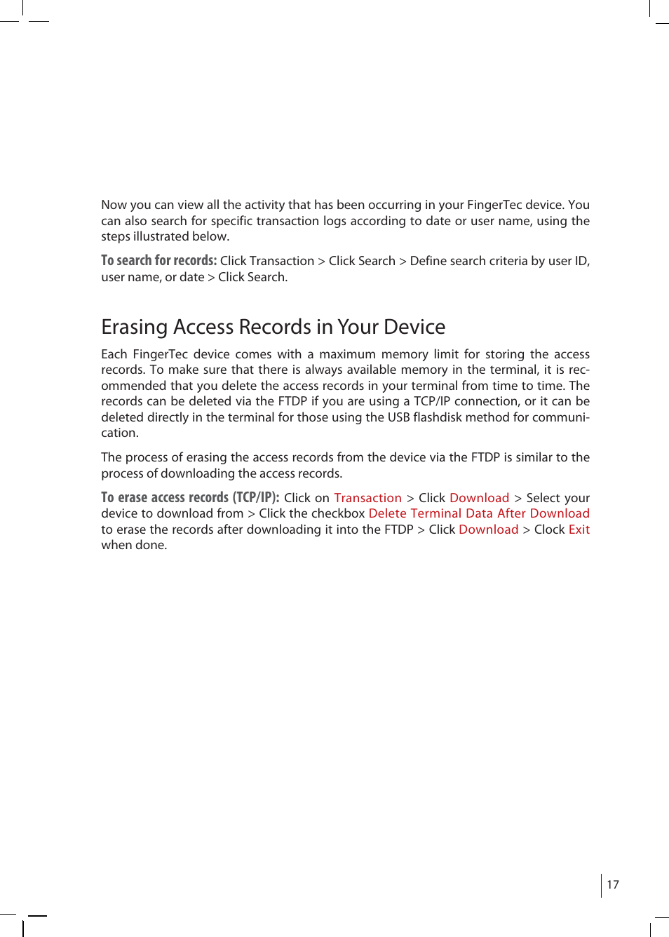 Erasing access records in your device | FingerTec FTDP (FingerTec Data Processor) User Manual | Page 16 / 18