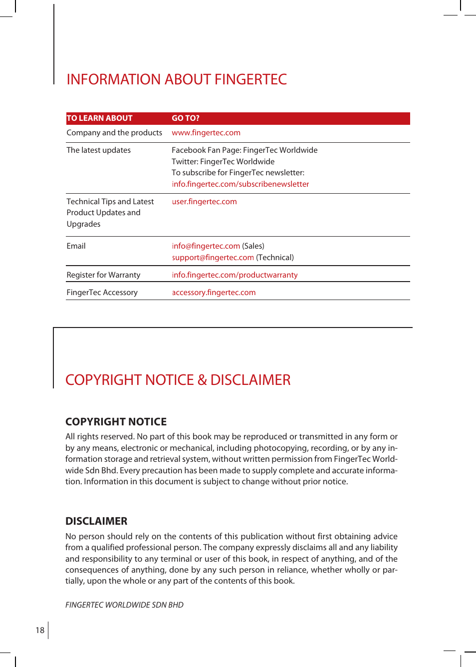 Information about fingertec, Copyright notice & disclaimer, Copyright notice | Disclaimer | FingerTec FTDP (FingerTec Data Processor) User Manual | Page 17 / 18