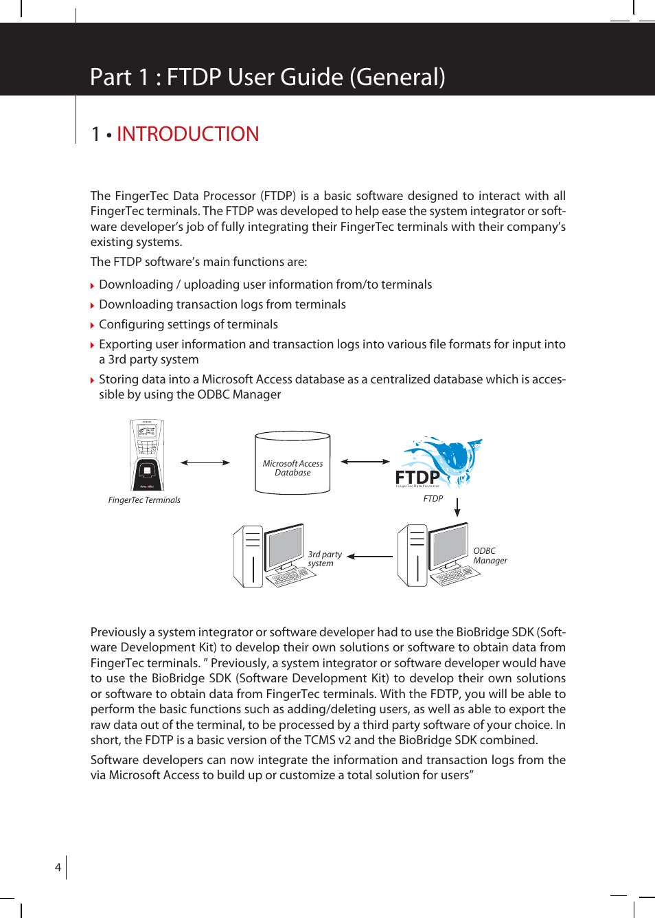 Chapter 1 • introduction, Part 1 : ftdp user guide (general), 1 • introduction | Ftdp, Downloading transaction logs from terminals, Configuring settings of terminals | FingerTec FTDP (FingerTec Data Processor) User Manual | Page 3 / 18