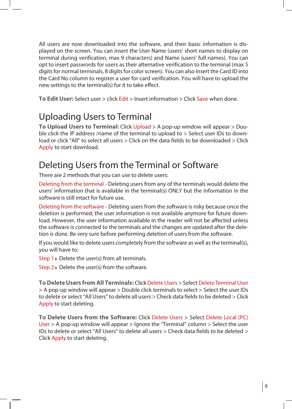 Uploading users to terminal, Deleting users from the terminal or software | FingerTec FTDP (FingerTec Data Processor) User Manual | Page 8 / 18