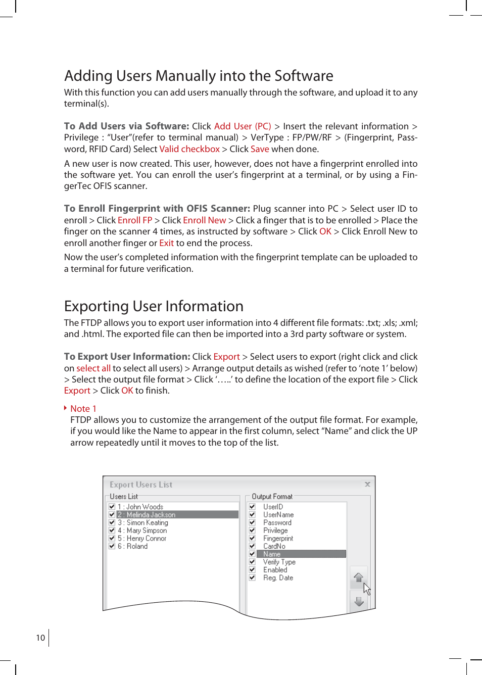Adding users manually into the software, Exporting user information | FingerTec FTDP (FingerTec Data Processor) User Manual | Page 9 / 18