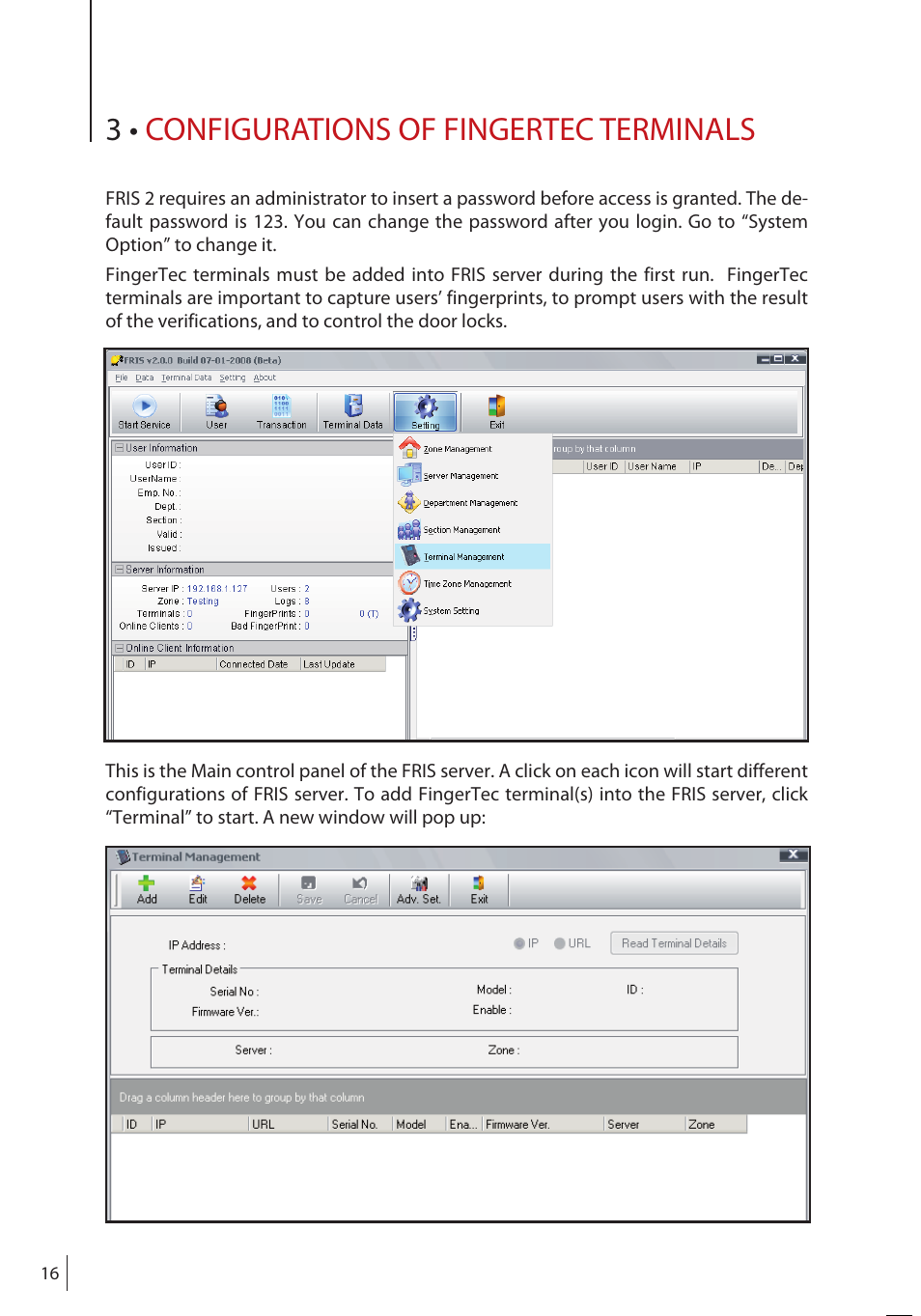 Configurations of fingertec terminals | FingerTec FRIS II User Manual | Page 15 / 55