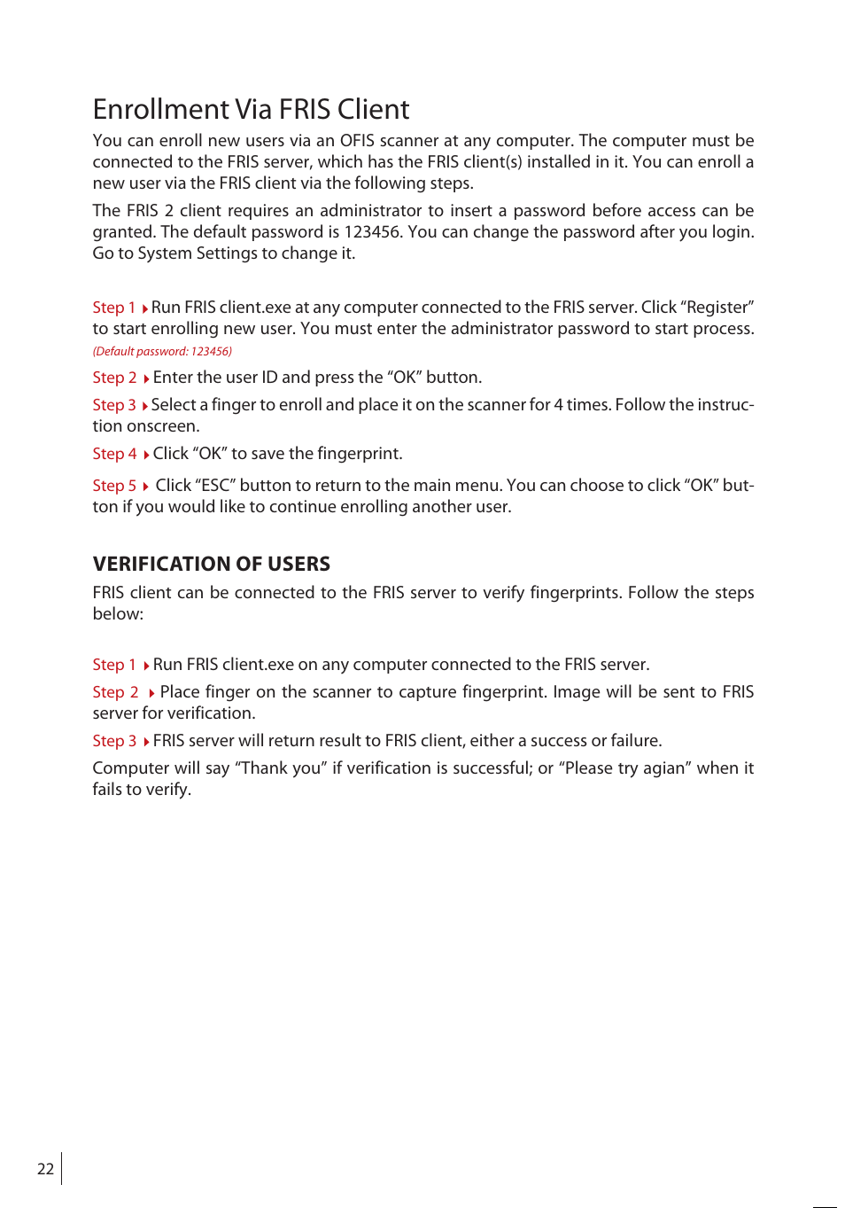 Enrollment via fris client, Verification of users | FingerTec FRIS II User Manual | Page 21 / 55