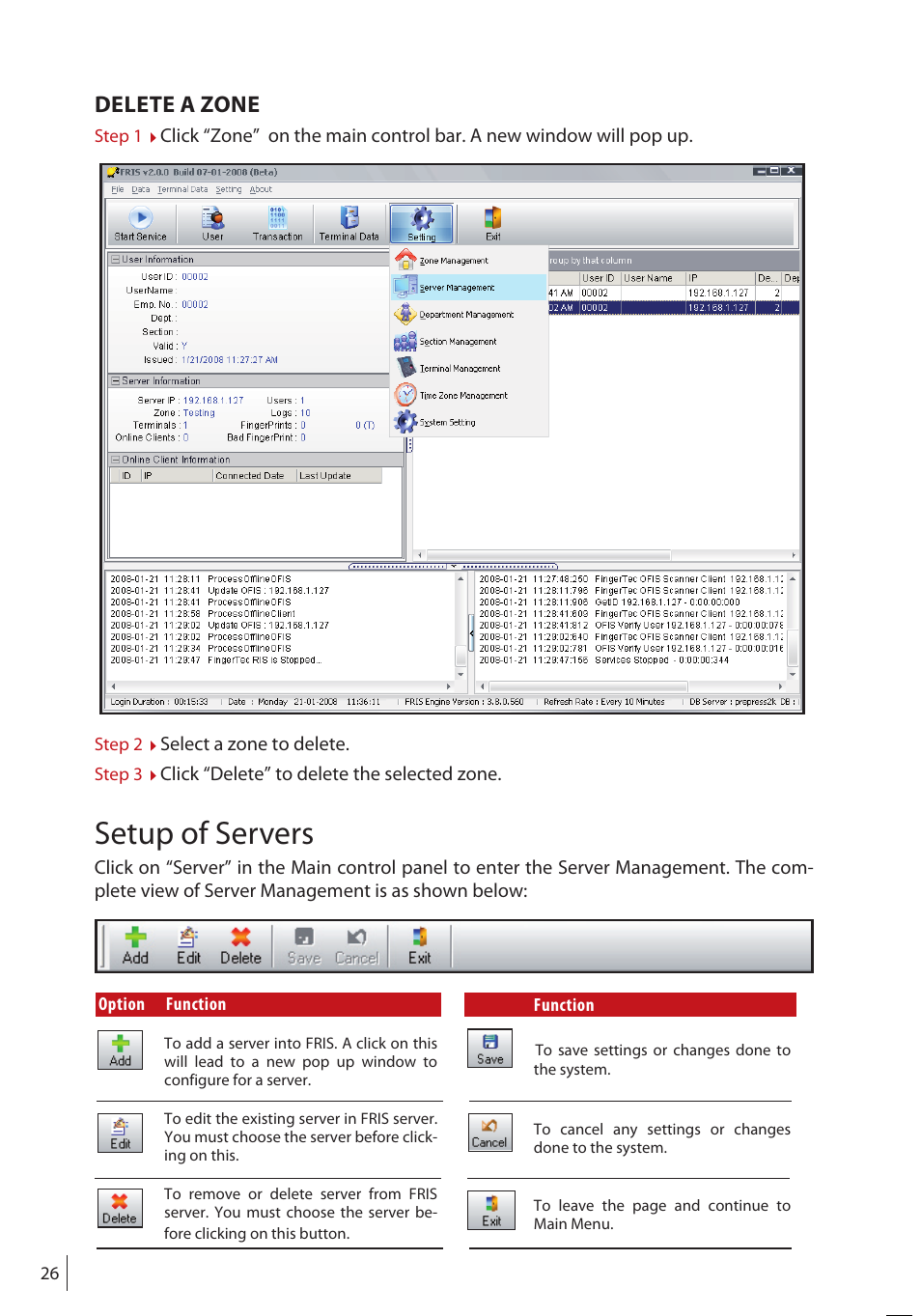 Setup of servers, Delete a zone | FingerTec FRIS II User Manual | Page 25 / 55