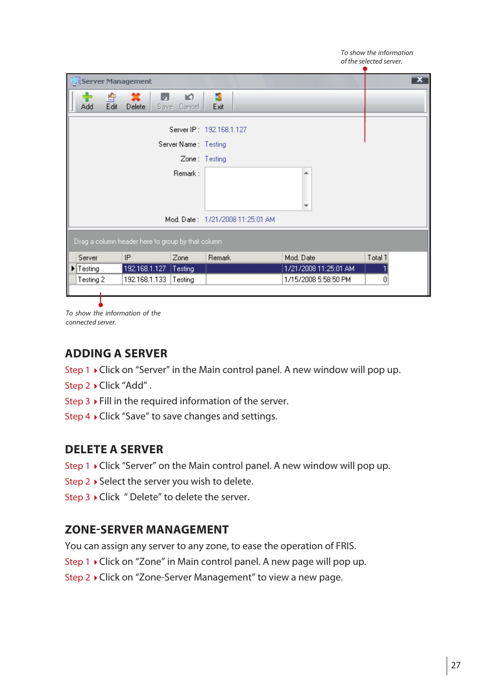 Adding a server, Delete a server, Zone-server management | FingerTec FRIS II User Manual | Page 26 / 55