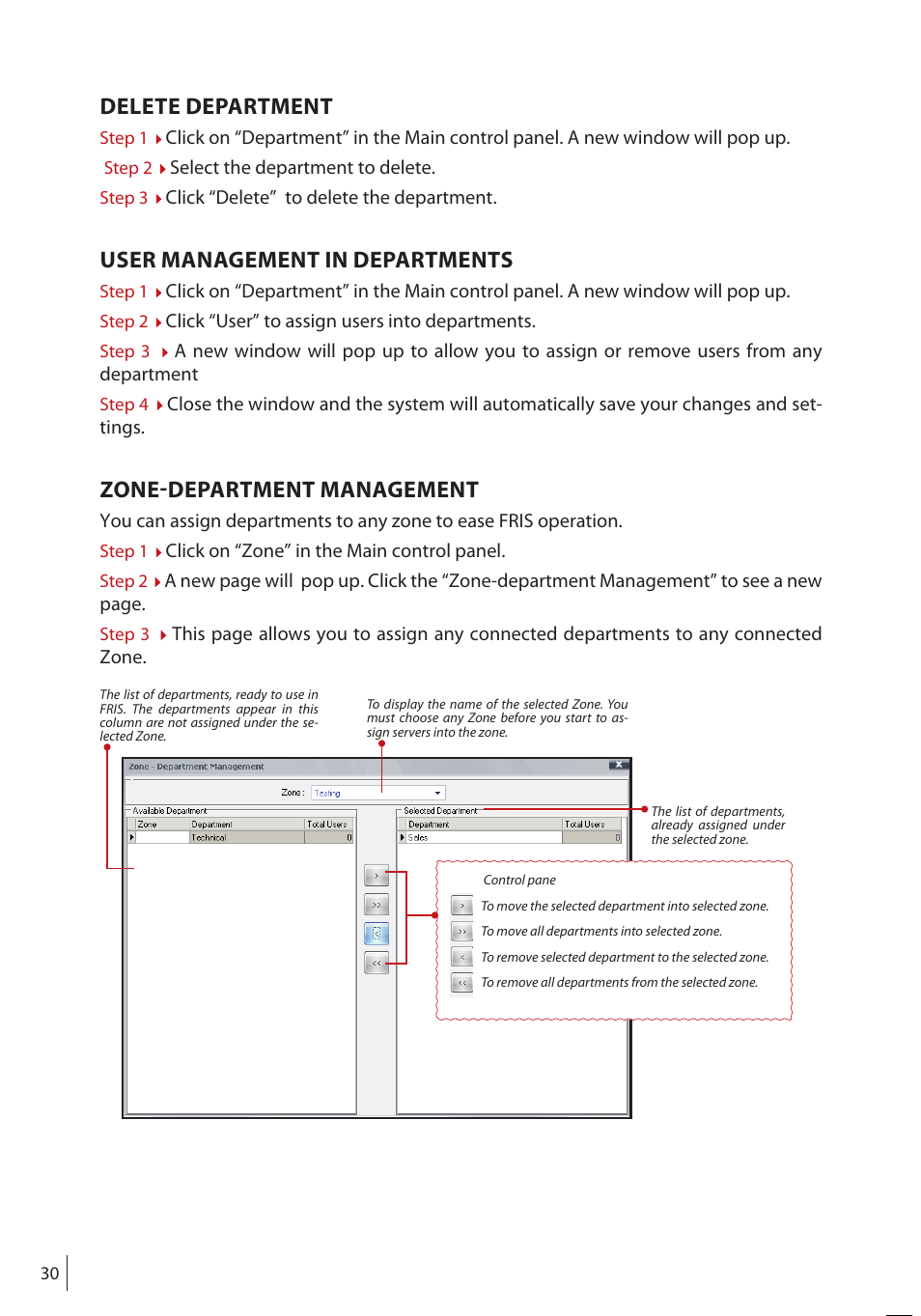 Delete department, User management in departments, Zone-department management | FingerTec FRIS II User Manual | Page 29 / 55