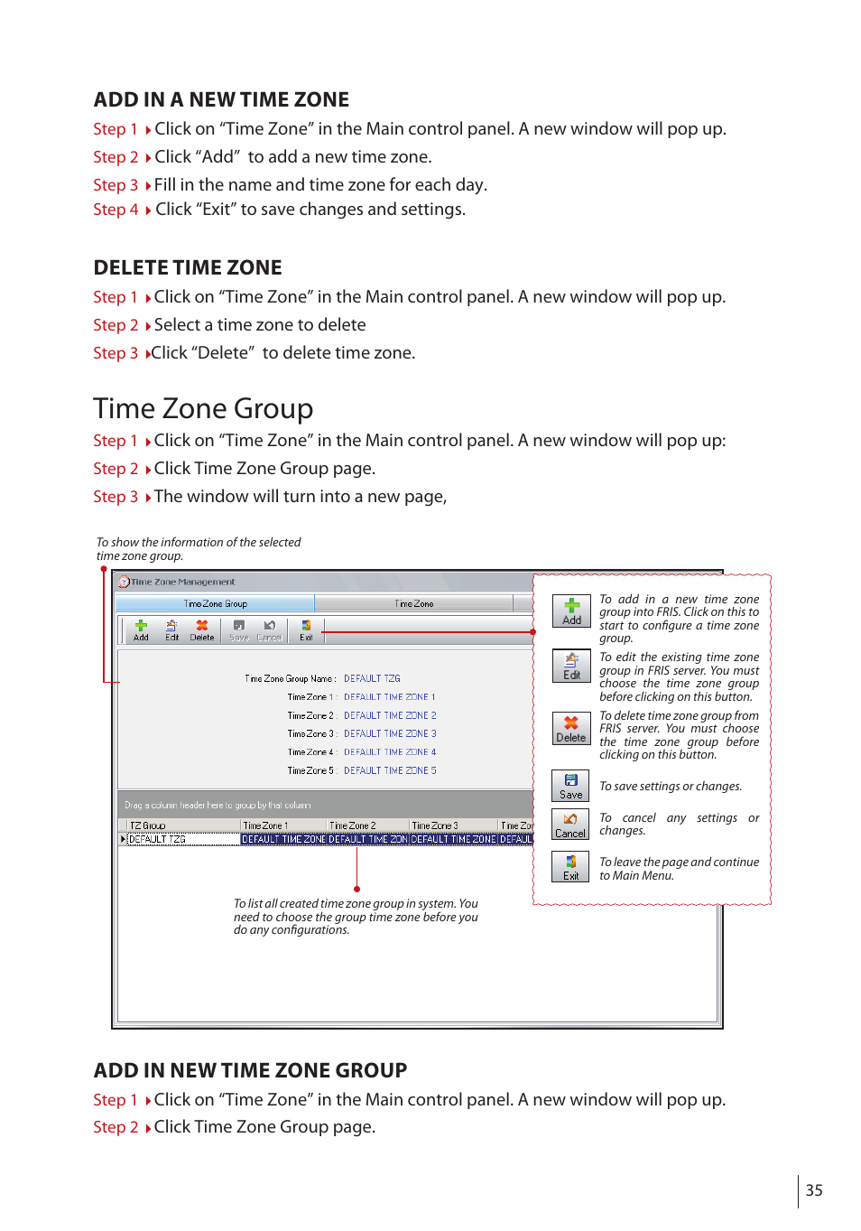 Time zone group, Add in a new time zone, Delete time zone | Add in new time zone group | FingerTec FRIS II User Manual | Page 34 / 55