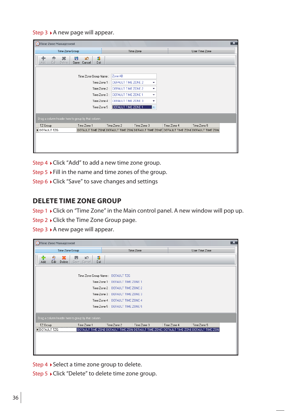 Delete time zone group | FingerTec FRIS II User Manual | Page 35 / 55