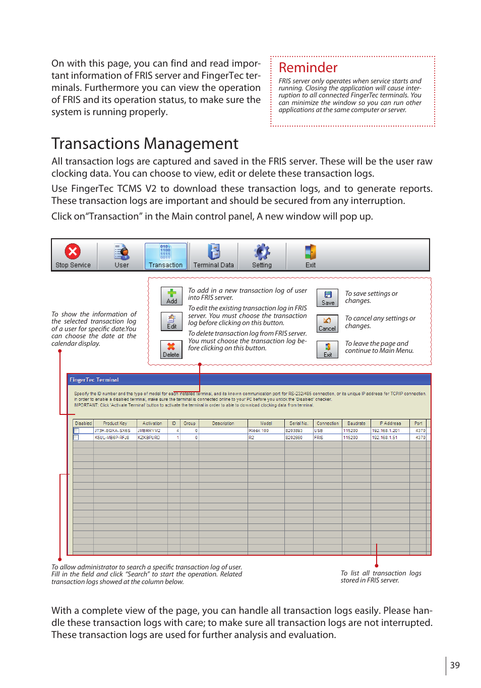 Transactions management, Reminder | FingerTec FRIS II User Manual | Page 38 / 55