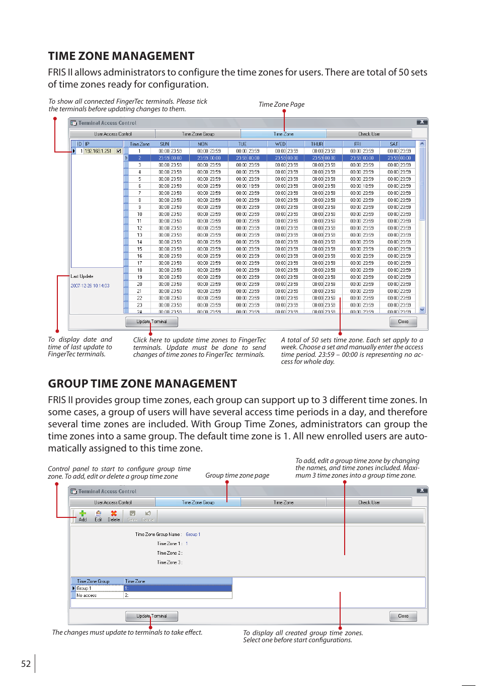 Time zone management, Group time zone management | FingerTec FRIS II User Manual | Page 51 / 55