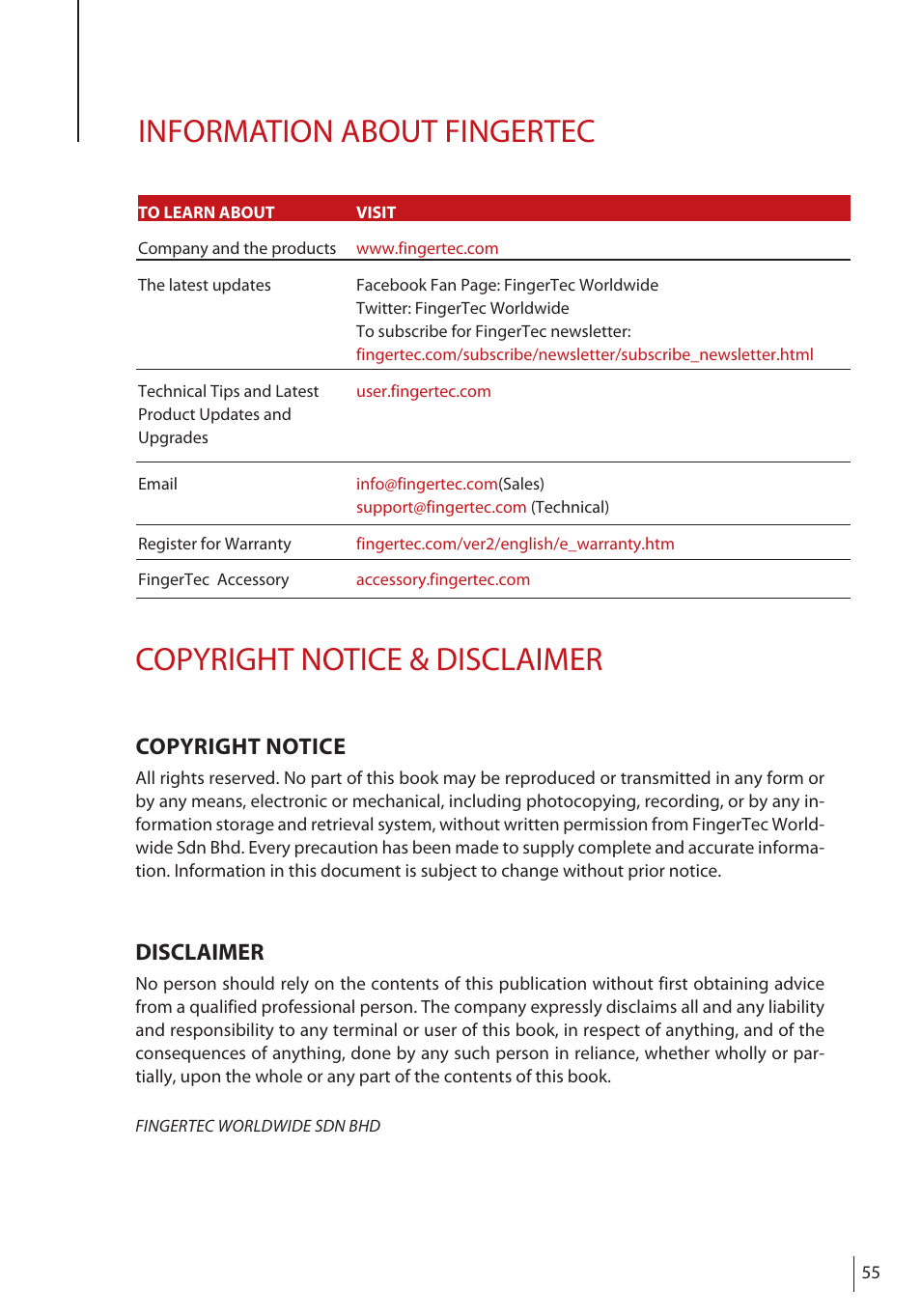 Information about fingertec, Copyright notice & disclaimer, Copyright notice | Disclaimer | FingerTec FRIS II User Manual | Page 54 / 55