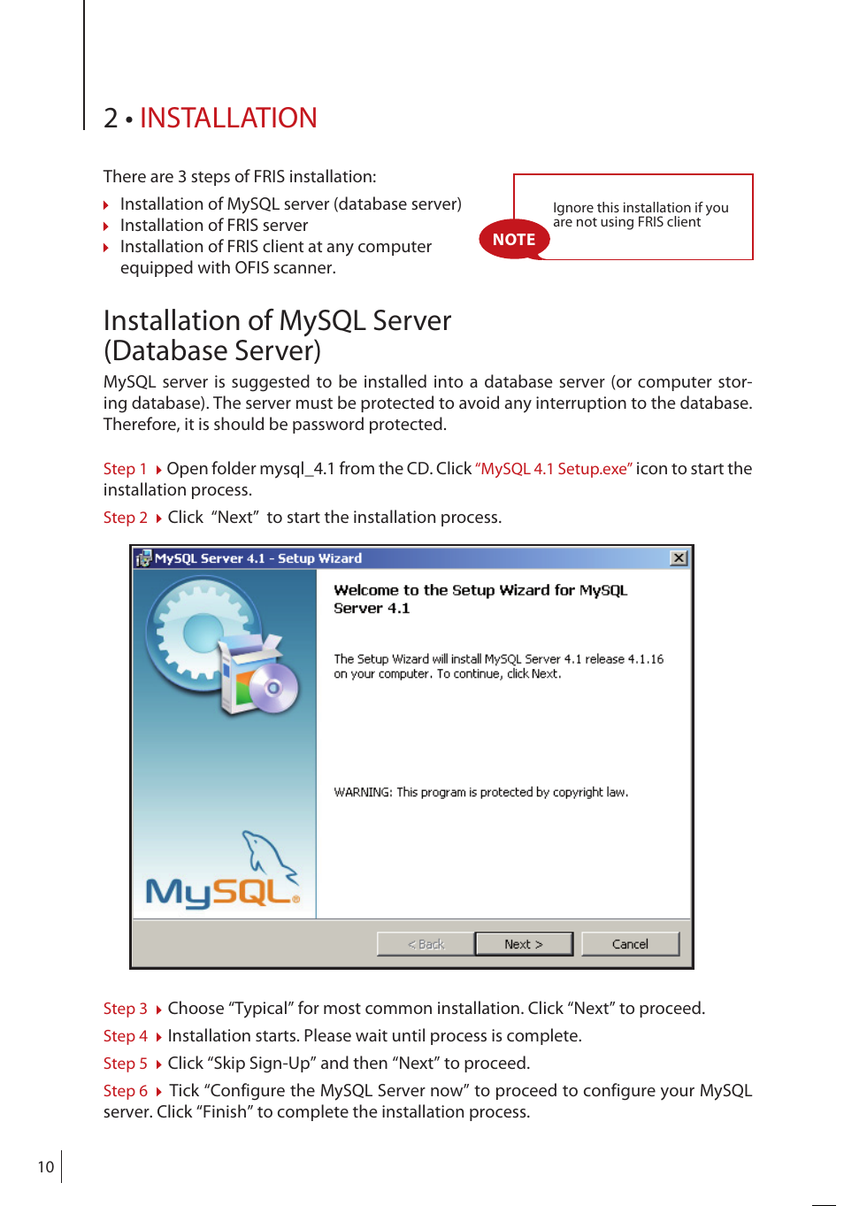 2 • installation, Installation of mysql server (database server) | FingerTec FRIS II User Manual | Page 9 / 55