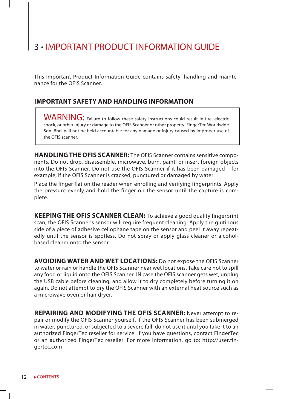 3 • important product information guide, Warning | FingerTec OFIS - SDK 1.0 User Manual User Manual | Page 12 / 12